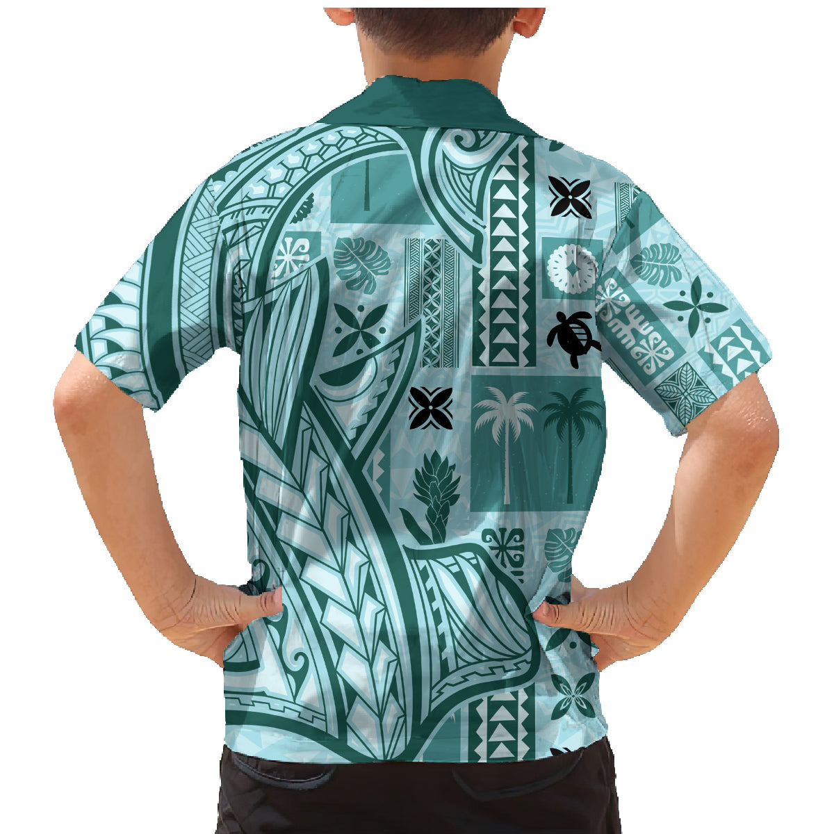 Samoa Tapa Family Matching Mermaid Dress and Hawaiian Shirt Siapo Mix Tatau Patterns - Teal LT7 - Wonder Print Shop
