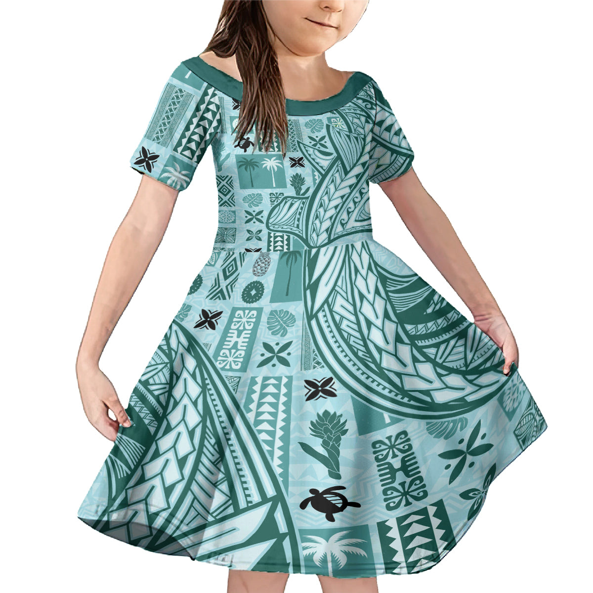 Samoa Tapa Family Matching Mermaid Dress and Hawaiian Shirt Siapo Mix Tatau Patterns - Teal LT7 - Wonder Print Shop