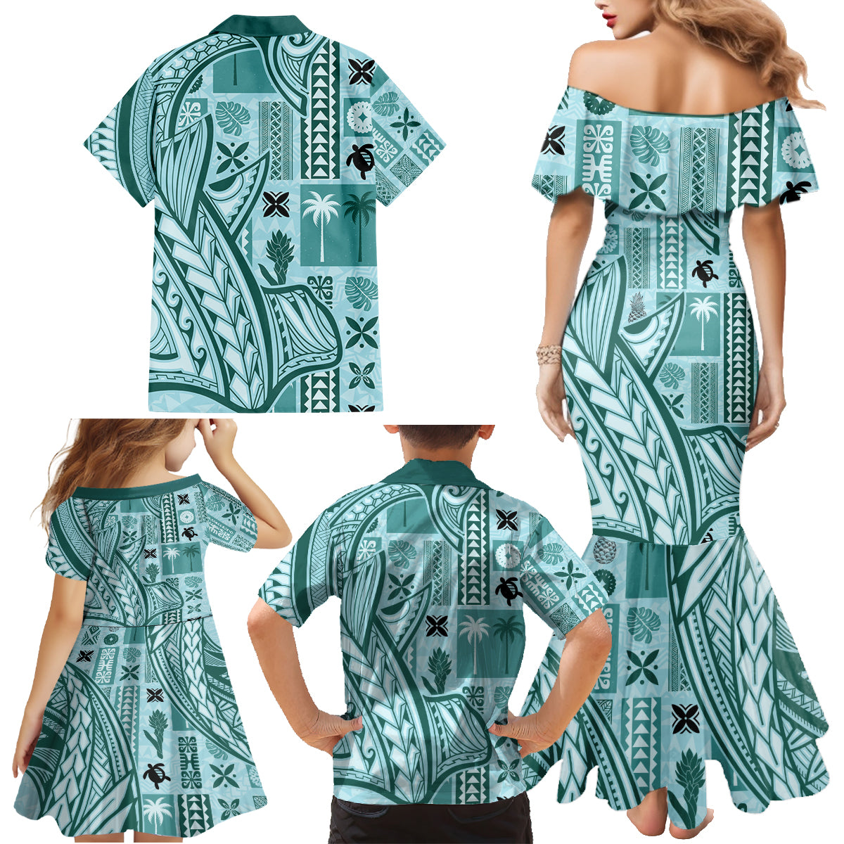Samoa Tapa Family Matching Mermaid Dress and Hawaiian Shirt Siapo Mix Tatau Patterns - Teal LT7 - Wonder Print Shop
