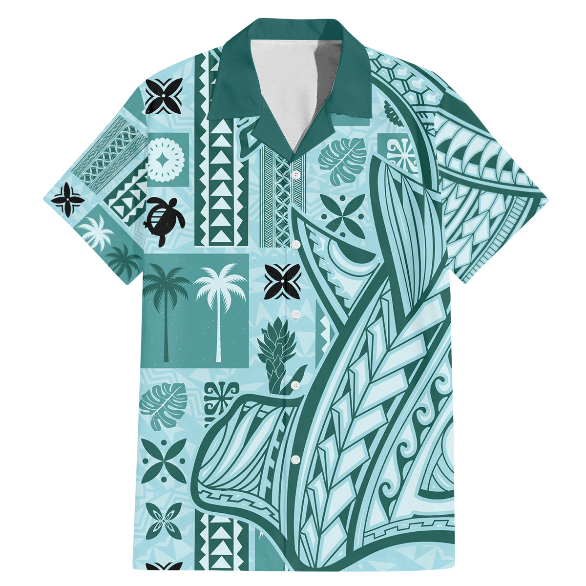 Samoa Tapa Family Matching Mermaid Dress and Hawaiian Shirt Siapo Mix Tatau Patterns - Teal LT7 - Wonder Print Shop