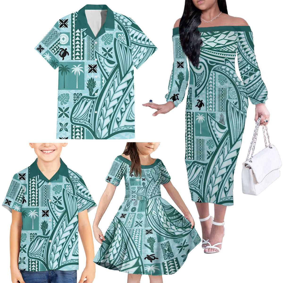 Samoa Tapa Family Matching Off Shoulder Long Sleeve Dress and Hawaiian Shirt Siapo Mix Tatau Patterns - Teal - Wonder Print Shop