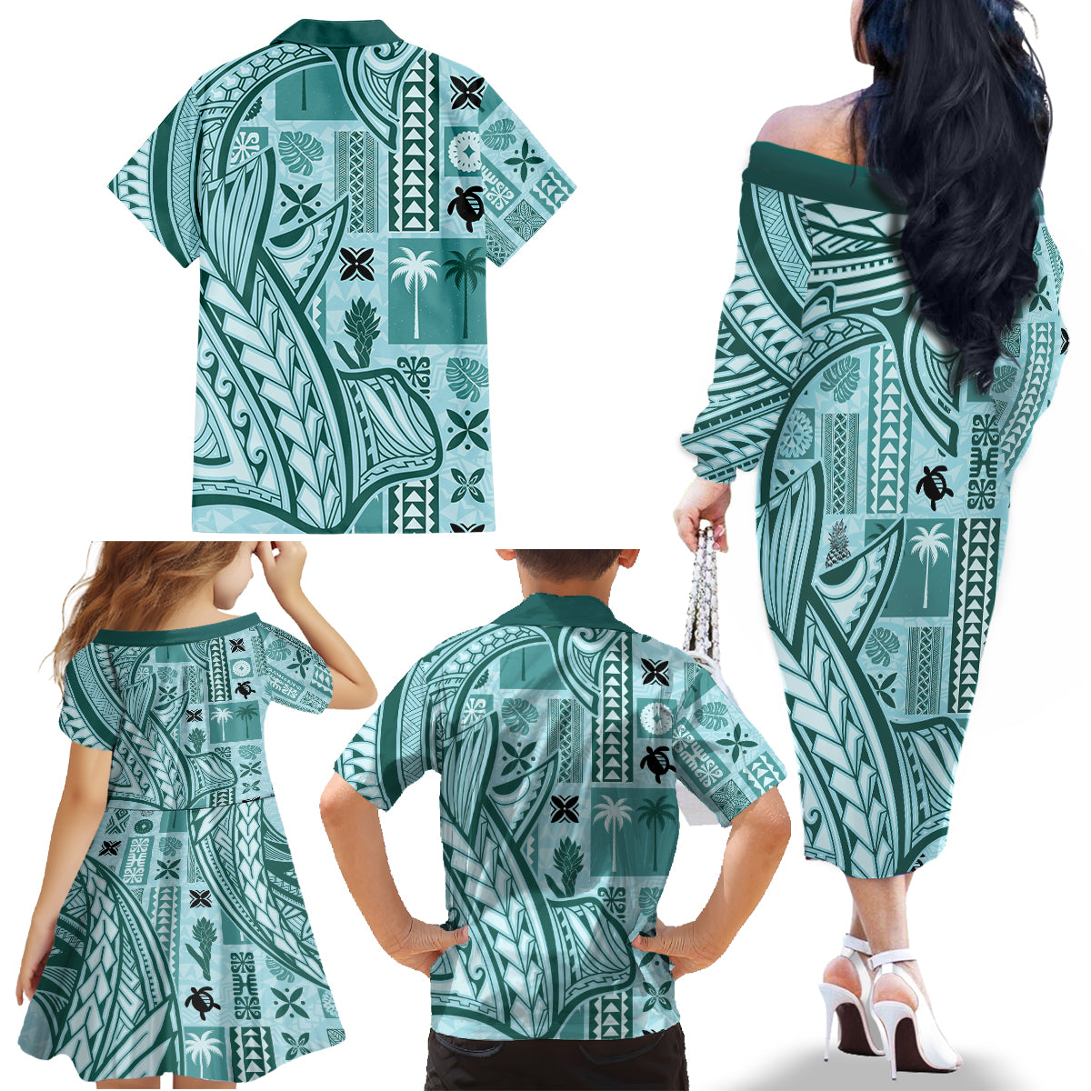 Samoa Tapa Family Matching Off Shoulder Long Sleeve Dress and Hawaiian Shirt Siapo Mix Tatau Patterns - Teal - Wonder Print Shop