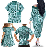 Samoa Tapa Family Matching Off Shoulder Long Sleeve Dress and Hawaiian Shirt Siapo Mix Tatau Patterns - Teal - Wonder Print Shop