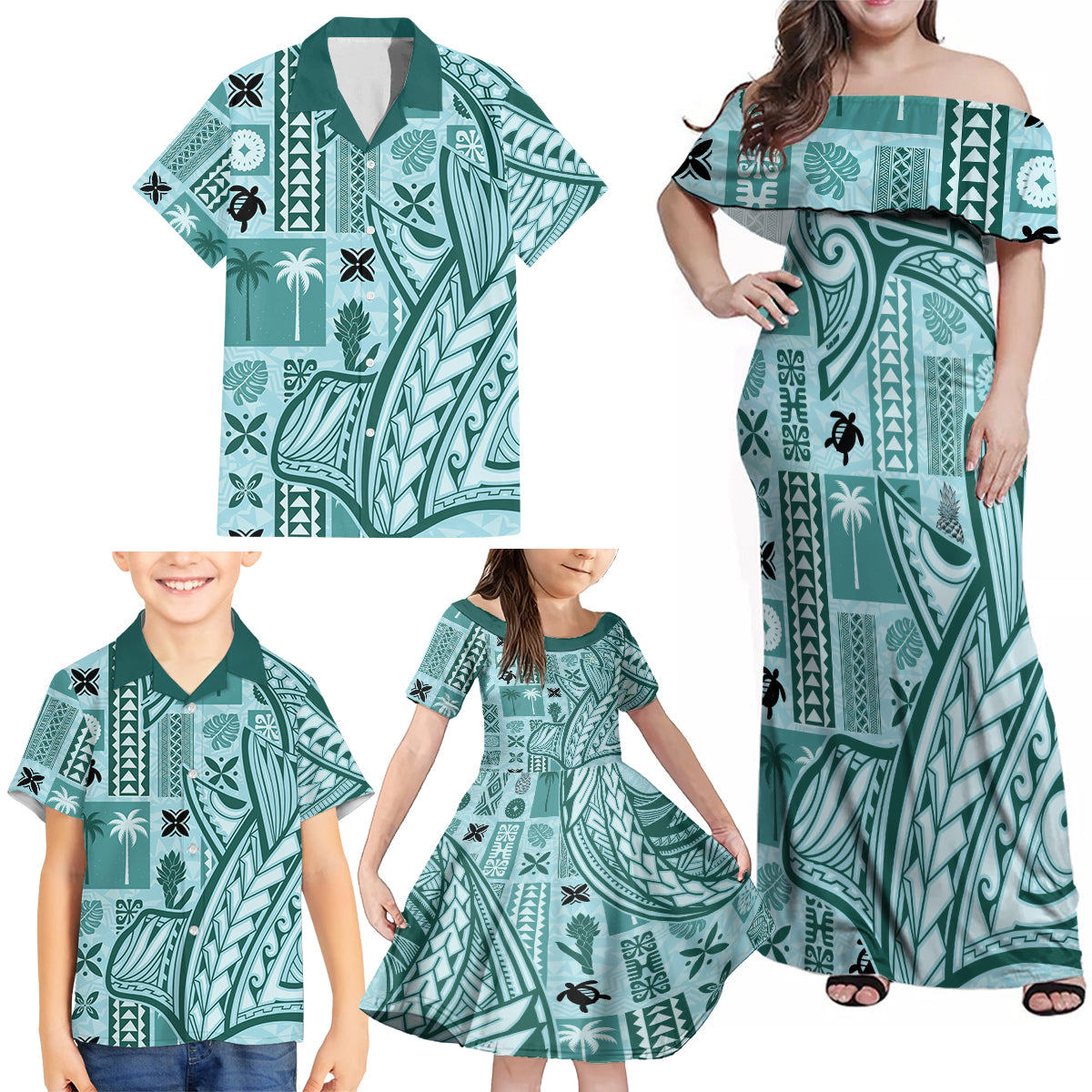 Samoa Tapa Family Matching Off Shoulder Maxi Dress and Hawaiian Shirt Siapo Mix Tatau Patterns - Teal LT7 - Wonder Print Shop