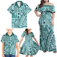 Samoa Tapa Family Matching Off Shoulder Maxi Dress and Hawaiian Shirt Siapo Mix Tatau Patterns - Teal LT7 - Wonder Print Shop