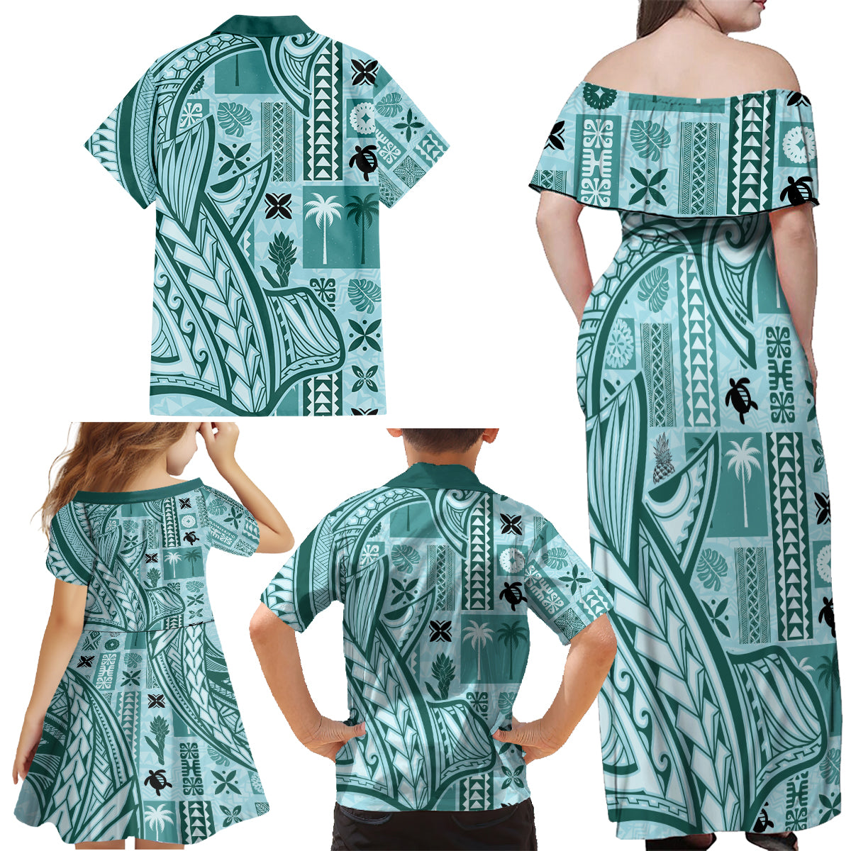 Samoa Tapa Family Matching Off Shoulder Maxi Dress and Hawaiian Shirt Siapo Mix Tatau Patterns - Teal LT7 - Wonder Print Shop