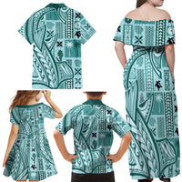 Samoa Tapa Family Matching Off Shoulder Maxi Dress and Hawaiian Shirt Siapo Mix Tatau Patterns - Teal LT7 - Wonder Print Shop