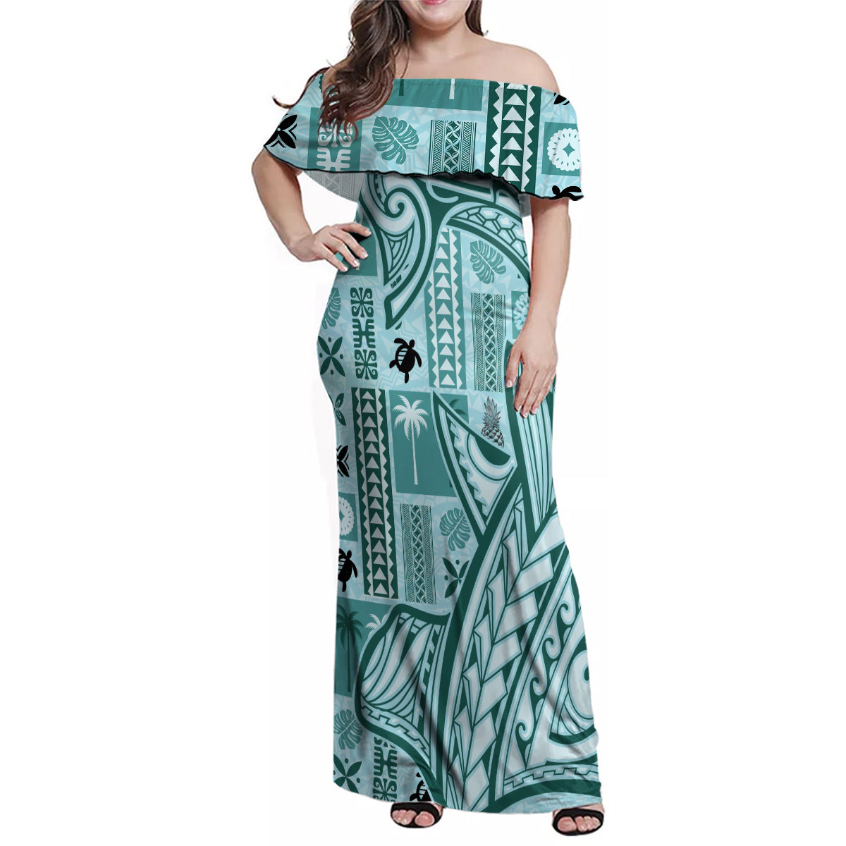 Samoa Tapa Family Matching Off Shoulder Maxi Dress and Hawaiian Shirt Siapo Mix Tatau Patterns - Teal LT7 - Wonder Print Shop
