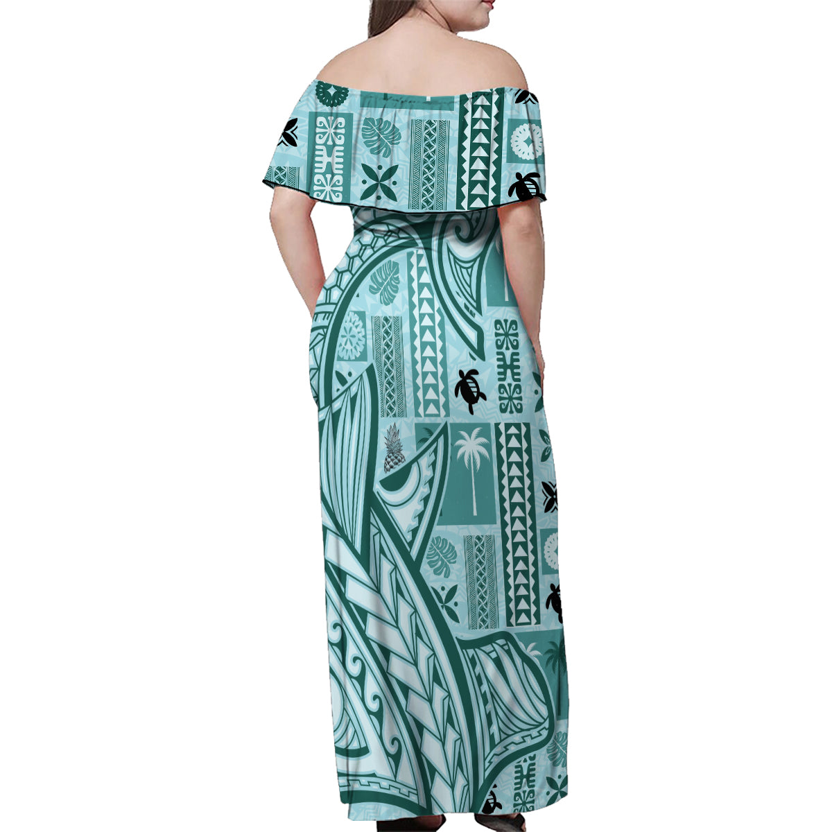Samoa Tapa Family Matching Off Shoulder Maxi Dress and Hawaiian Shirt Siapo Mix Tatau Patterns - Teal LT7 - Wonder Print Shop