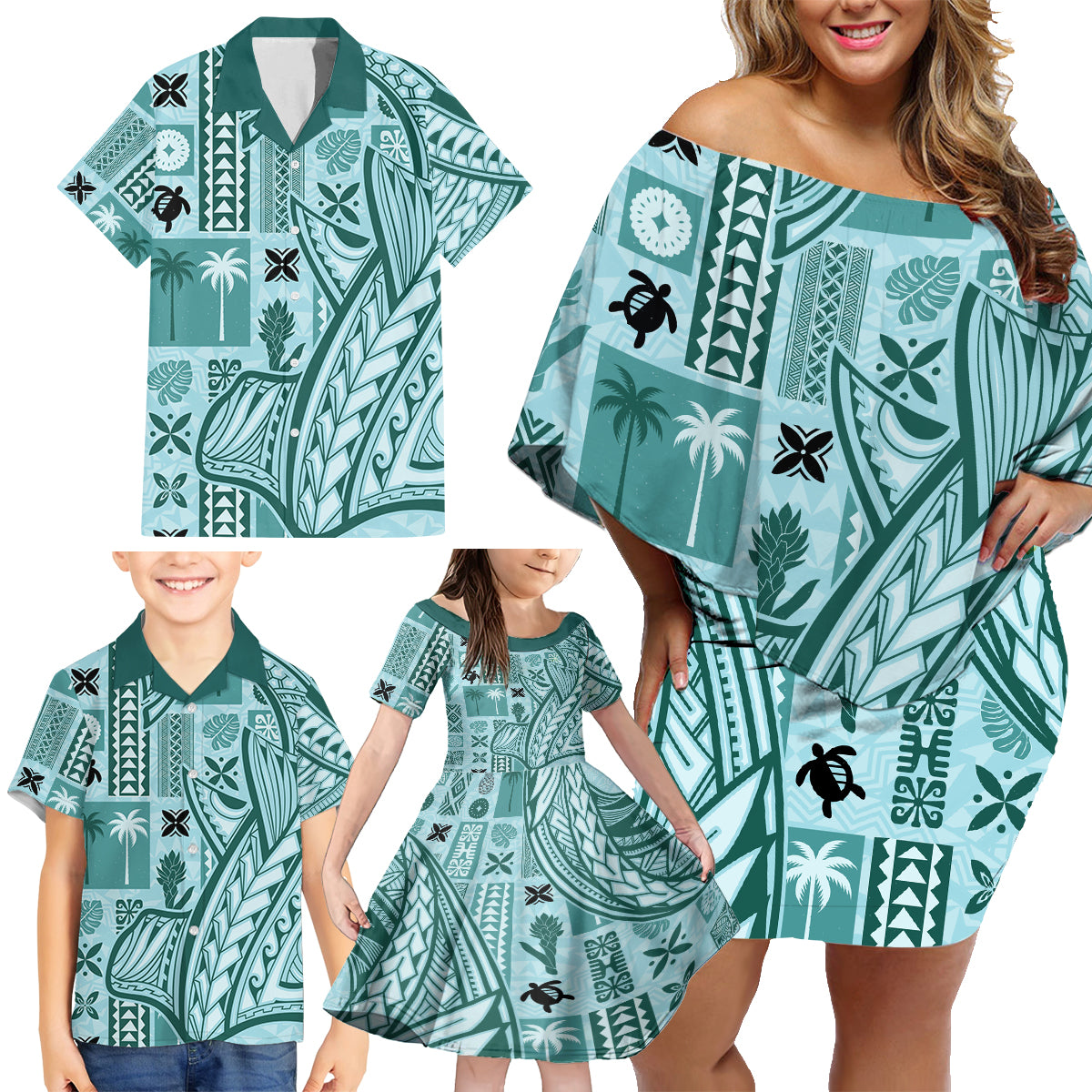 Samoa Tapa Family Matching Off Shoulder Short Dress and Hawaiian Shirt Siapo Mix Tatau Patterns - Teal LT7 - Wonder Print Shop