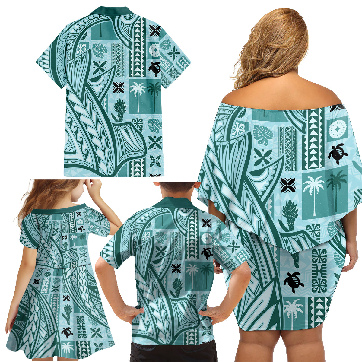 Samoa Tapa Family Matching Off Shoulder Short Dress and Hawaiian Shirt Siapo Mix Tatau Patterns - Teal LT7 - Wonder Print Shop