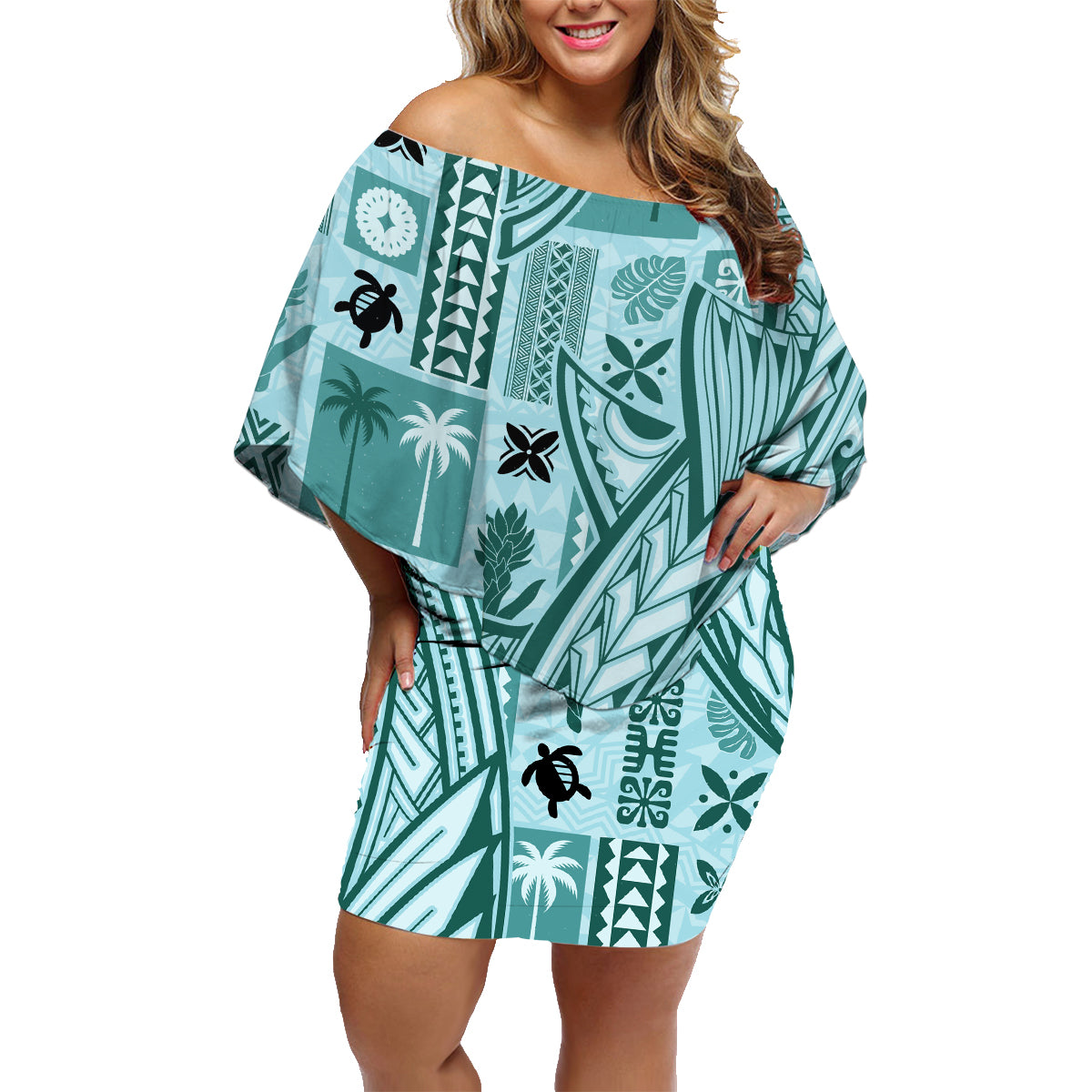 Samoa Tapa Family Matching Off Shoulder Short Dress and Hawaiian Shirt Siapo Mix Tatau Patterns - Teal LT7 - Wonder Print Shop