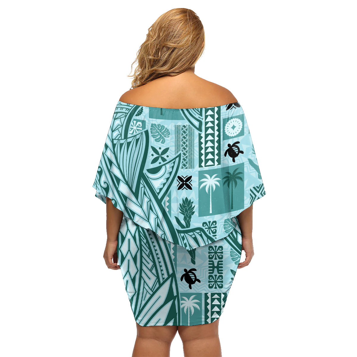 Samoa Tapa Family Matching Off Shoulder Short Dress and Hawaiian Shirt Siapo Mix Tatau Patterns - Teal LT7 - Wonder Print Shop