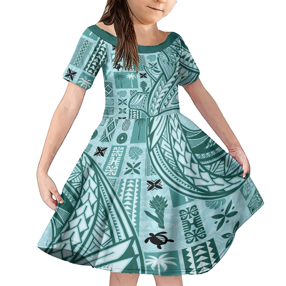 Samoa Tapa Family Matching Puletasi Dress and Hawaiian Shirt Siapo Mix Tatau Patterns - Teal - Wonder Print Shop