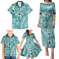 Samoa Tapa Family Matching Puletasi Dress and Hawaiian Shirt Siapo Mix Tatau Patterns - Teal - Wonder Print Shop