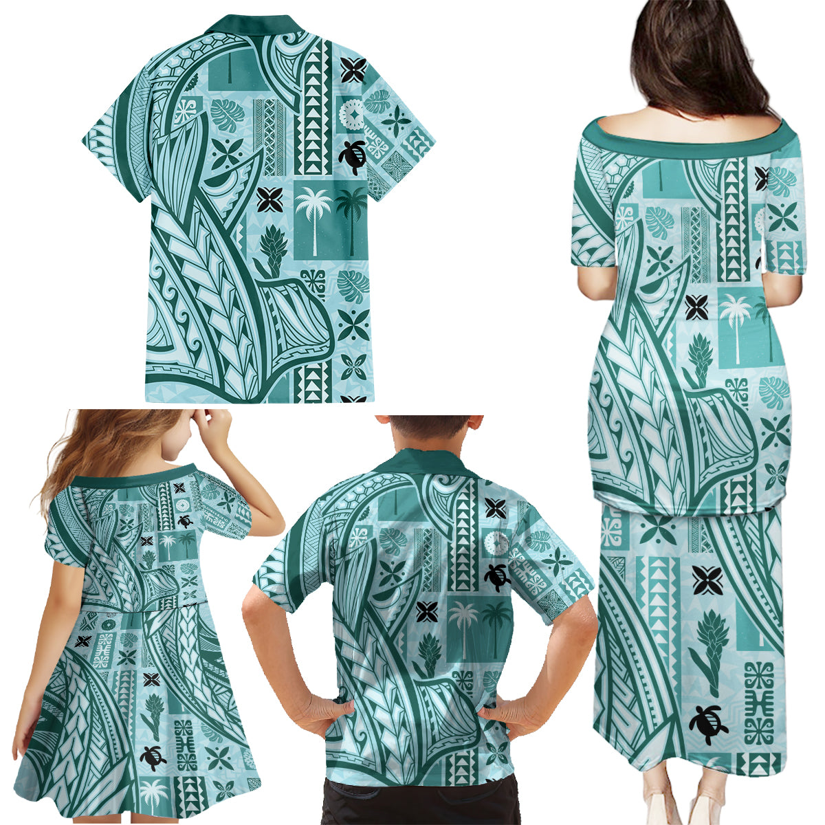 Samoa Tapa Family Matching Puletasi Dress and Hawaiian Shirt Siapo Mix Tatau Patterns - Teal - Wonder Print Shop