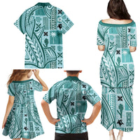 Samoa Tapa Family Matching Puletasi Dress and Hawaiian Shirt Siapo Mix Tatau Patterns - Teal - Wonder Print Shop
