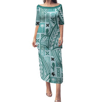 Samoa Tapa Family Matching Puletasi Dress and Hawaiian Shirt Siapo Mix Tatau Patterns - Teal - Wonder Print Shop