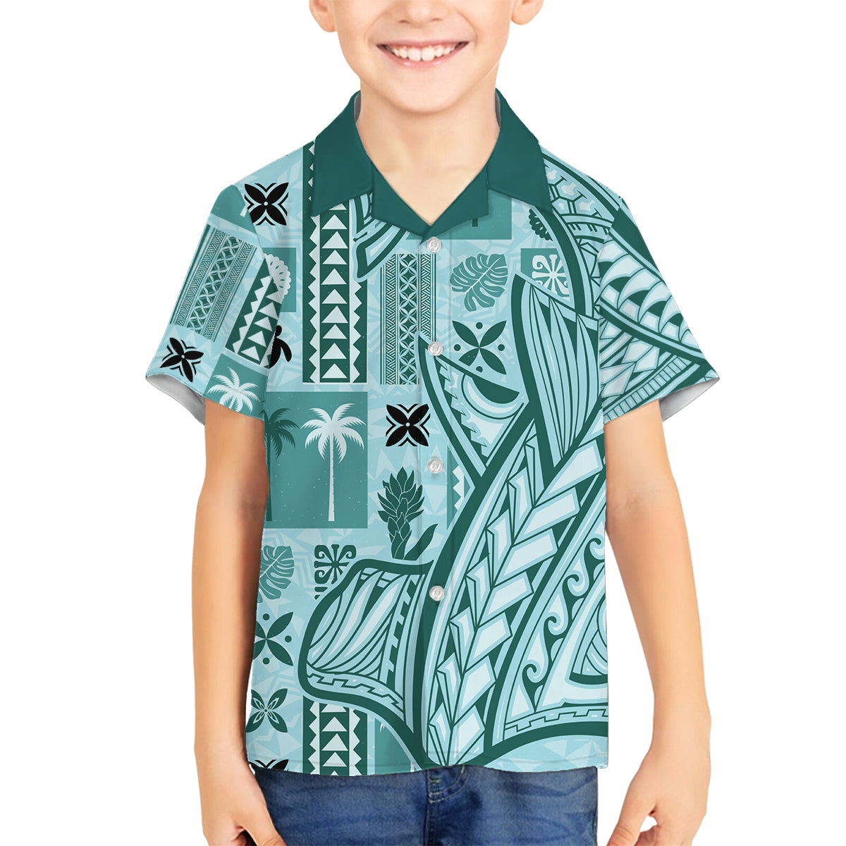 Samoa Tapa Family Matching Puletasi Dress and Hawaiian Shirt Siapo Mix Tatau Patterns - Teal - Wonder Print Shop