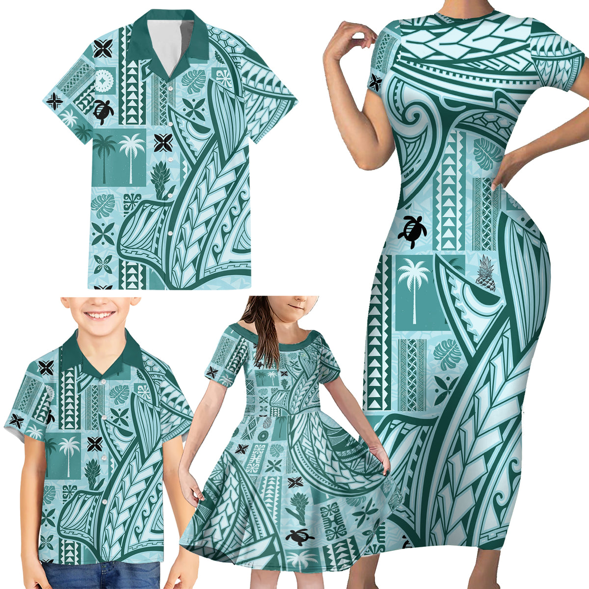 Samoa Tapa Family Matching Short Sleeve Bodycon Dress and Hawaiian Shirt Siapo Mix Tatau Patterns - Teal - Wonder Print Shop
