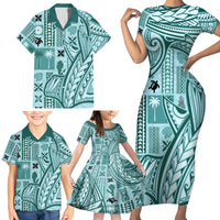 Samoa Tapa Family Matching Short Sleeve Bodycon Dress and Hawaiian Shirt Siapo Mix Tatau Patterns - Teal - Wonder Print Shop