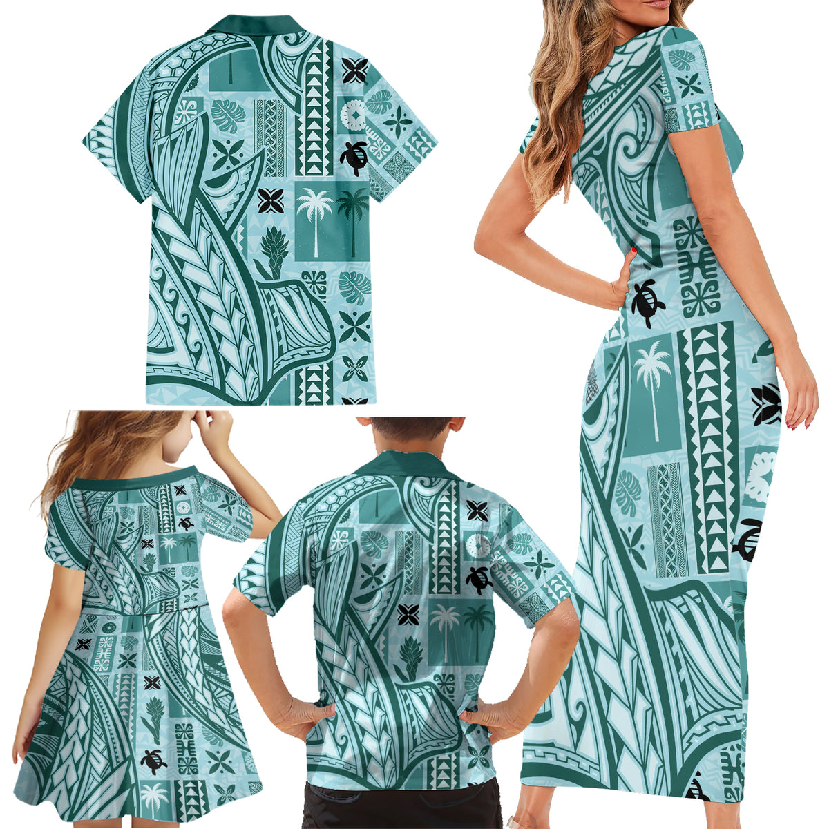 Samoa Tapa Family Matching Short Sleeve Bodycon Dress and Hawaiian Shirt Siapo Mix Tatau Patterns - Teal - Wonder Print Shop