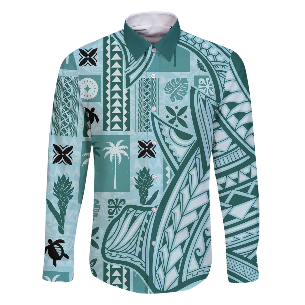 Samoa Tapa Family Matching Short Sleeve Bodycon Dress and Hawaiian Shirt Siapo Mix Tatau Patterns - Teal - Wonder Print Shop
