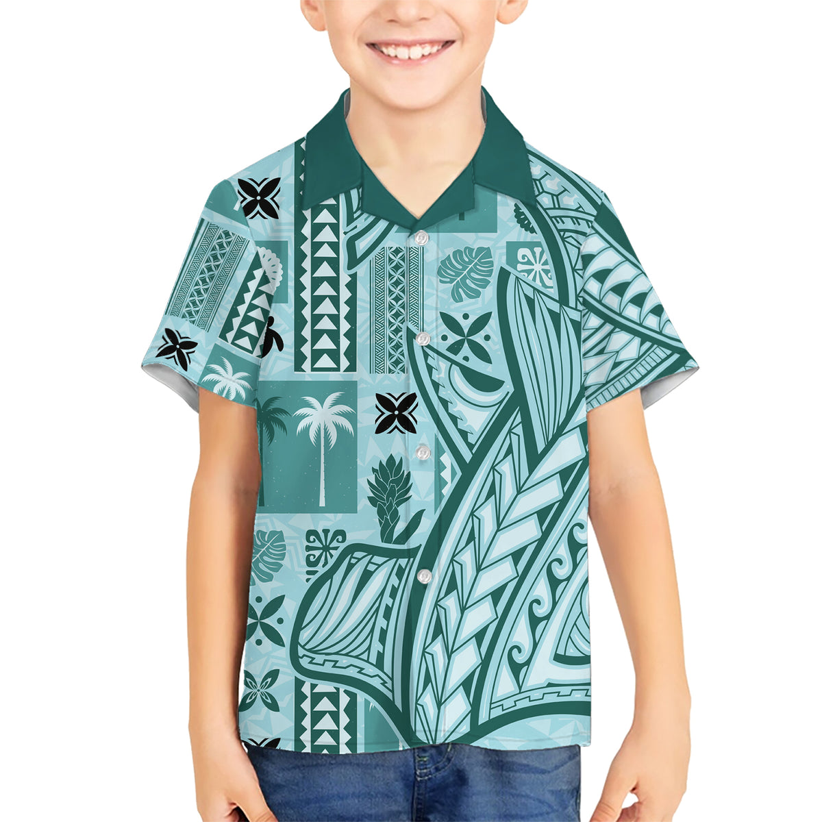 Samoa Tapa Family Matching Short Sleeve Bodycon Dress and Hawaiian Shirt Siapo Mix Tatau Patterns - Teal - Wonder Print Shop