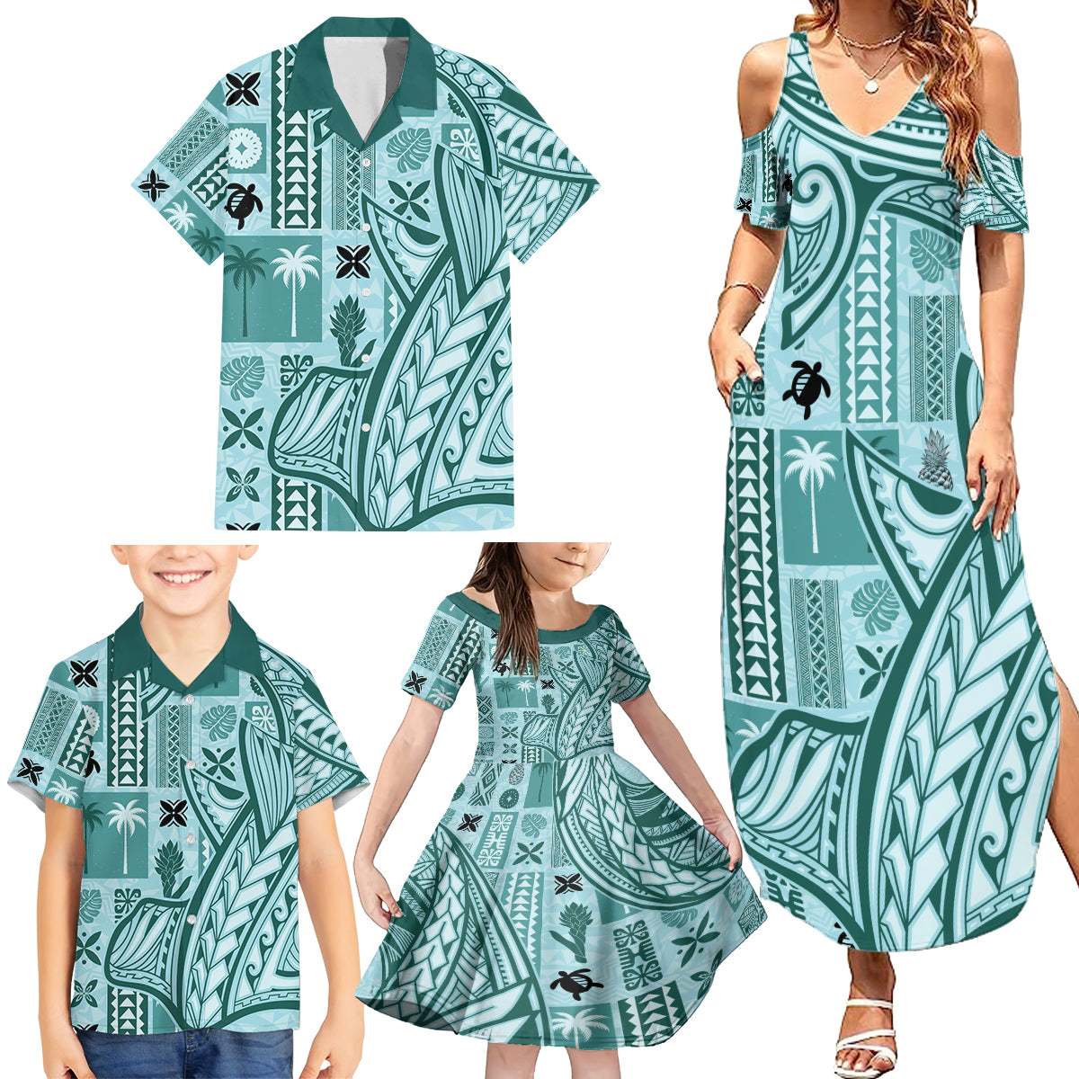 Samoa Tapa Family Matching Summer Maxi Dress and Hawaiian Shirt Siapo Mix Tatau Patterns - Teal - Wonder Print Shop