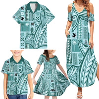 Samoa Tapa Family Matching Summer Maxi Dress and Hawaiian Shirt Siapo Mix Tatau Patterns - Teal - Wonder Print Shop