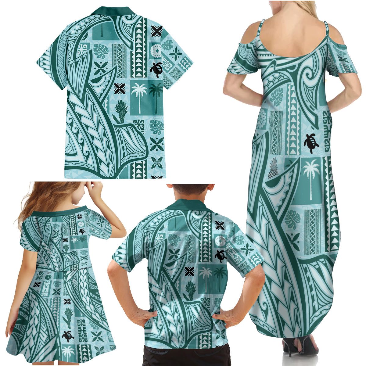 Samoa Tapa Family Matching Summer Maxi Dress and Hawaiian Shirt Siapo Mix Tatau Patterns - Teal - Wonder Print Shop