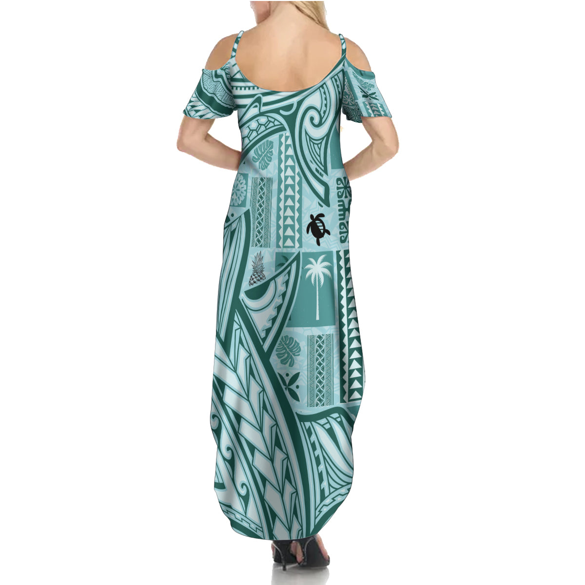Samoa Tapa Family Matching Summer Maxi Dress and Hawaiian Shirt Siapo Mix Tatau Patterns - Teal - Wonder Print Shop