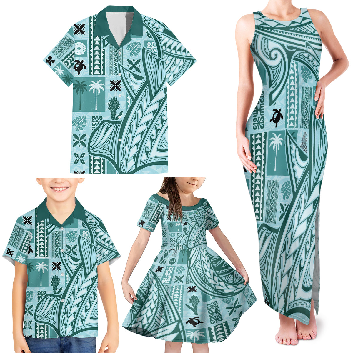 Samoa Tapa Family Matching Tank Maxi Dress and Hawaiian Shirt Siapo Mix Tatau Patterns - Teal - Wonder Print Shop