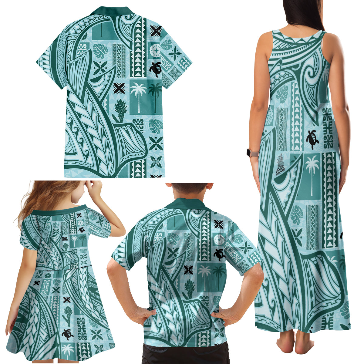 Samoa Tapa Family Matching Tank Maxi Dress and Hawaiian Shirt Siapo Mix Tatau Patterns - Teal - Wonder Print Shop