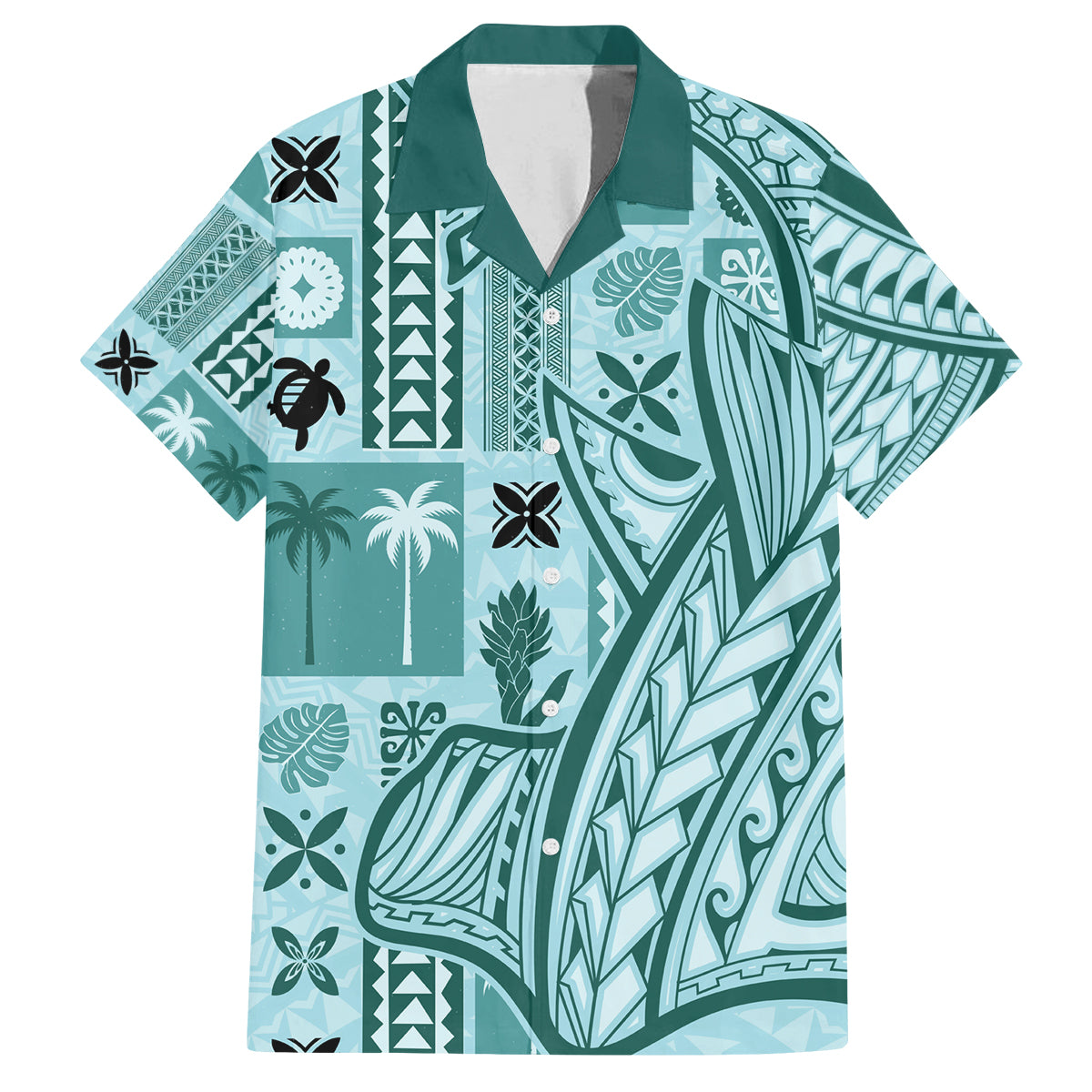 Samoa Tapa Family Matching Tank Maxi Dress and Hawaiian Shirt Siapo Mix Tatau Patterns - Teal - Wonder Print Shop