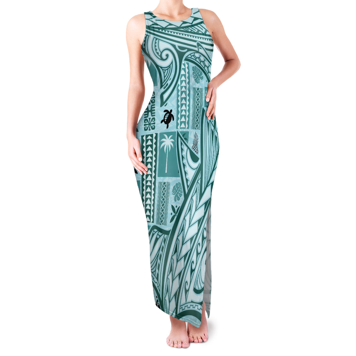 Samoa Tapa Family Matching Tank Maxi Dress and Hawaiian Shirt Siapo Mix Tatau Patterns - Teal - Wonder Print Shop