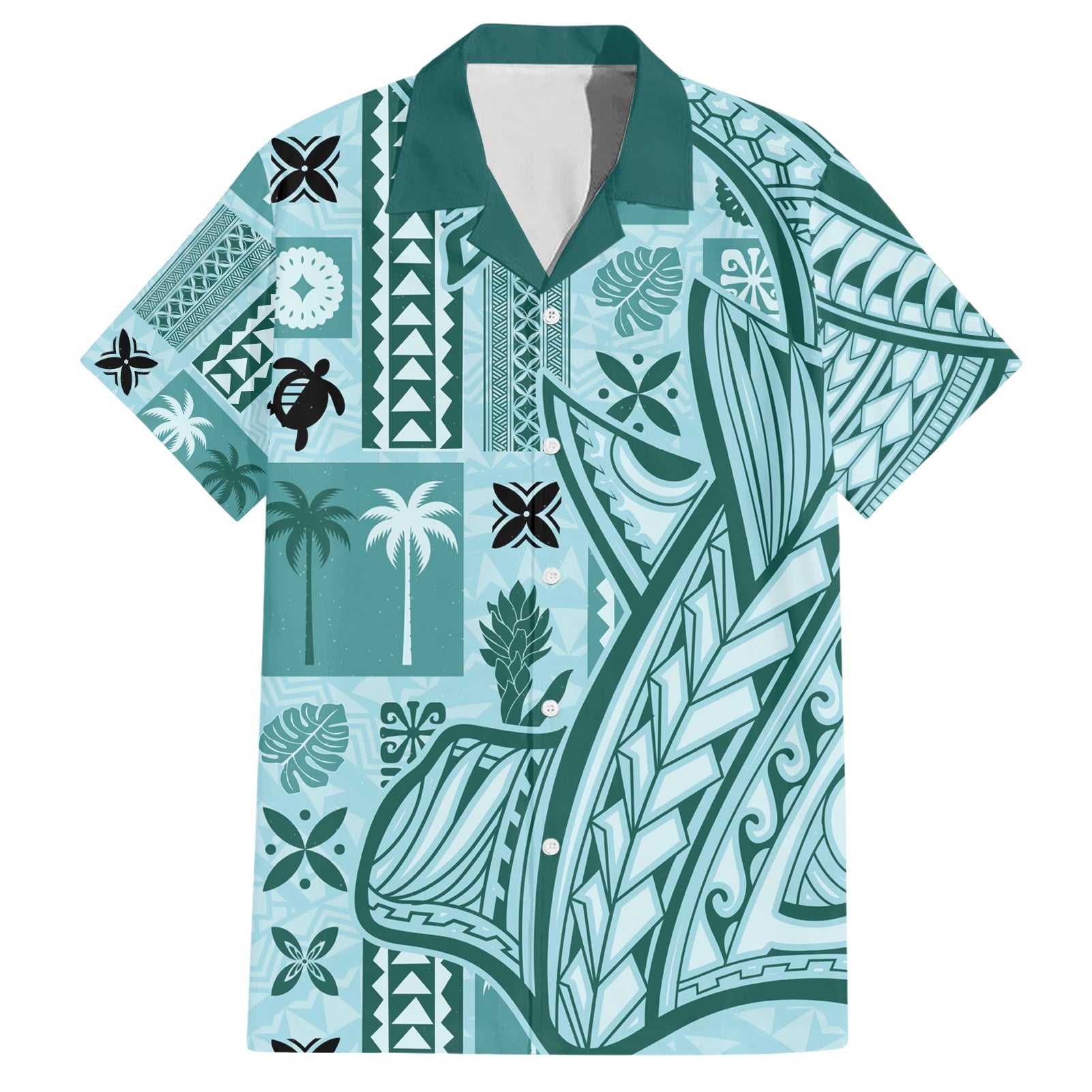 Samoa Tapa Hawaiian Shirt Siapo Mix Tatau Patterns - Teal - Wonder Print Shop