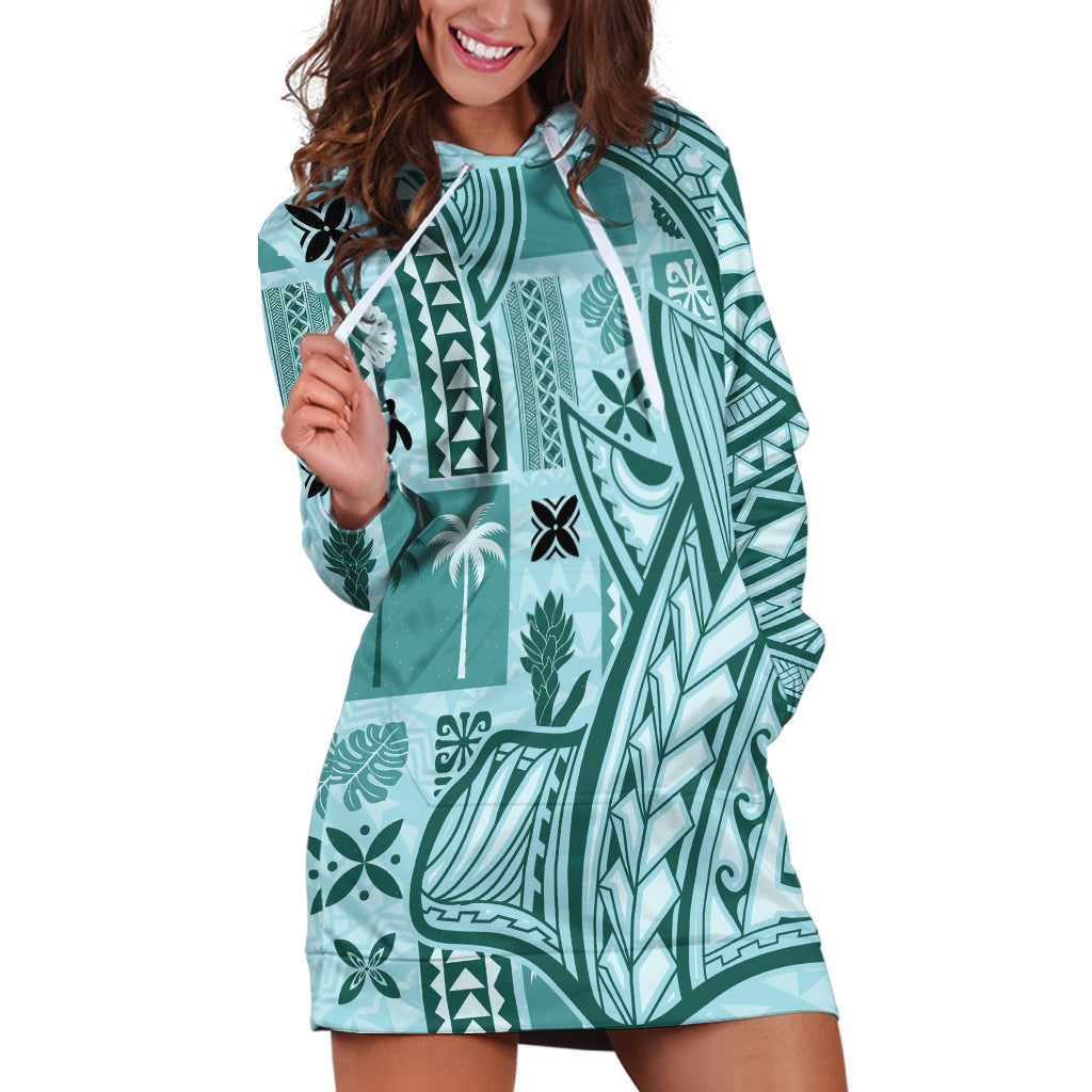 Samoa Tapa Hoodie Dress Siapo Mix Tatau Patterns - Teal - Wonder Print Shop