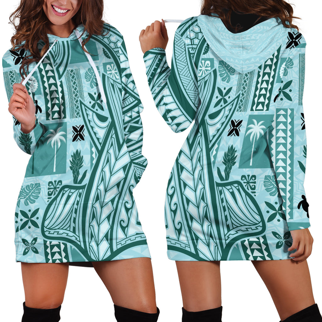 Samoa Tapa Hoodie Dress Siapo Mix Tatau Patterns - Teal - Wonder Print Shop