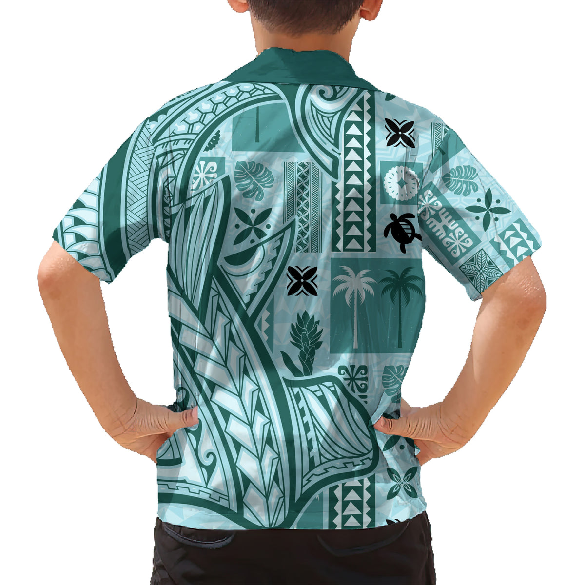 Samoa Tapa Kid Hawaiian Shirt Siapo Mix Tatau Patterns - Teal - Wonder Print Shop