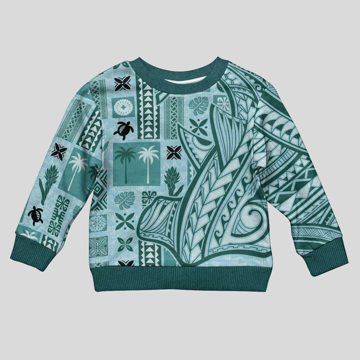 Samoa Tapa Kid Ugly Christmas Sweater Siapo Mix Tatau Patterns - Teal - Wonder Print Shop