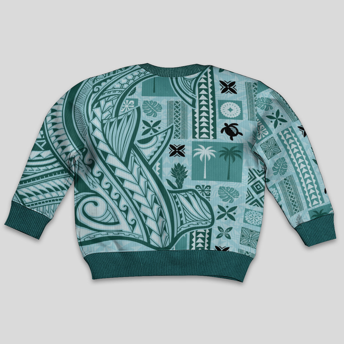 Samoa Tapa Kid Ugly Christmas Sweater Siapo Mix Tatau Patterns - Teal - Wonder Print Shop