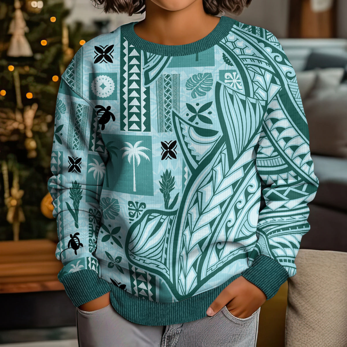 Samoa Tapa Kid Ugly Christmas Sweater Siapo Mix Tatau Patterns - Teal - Wonder Print Shop
