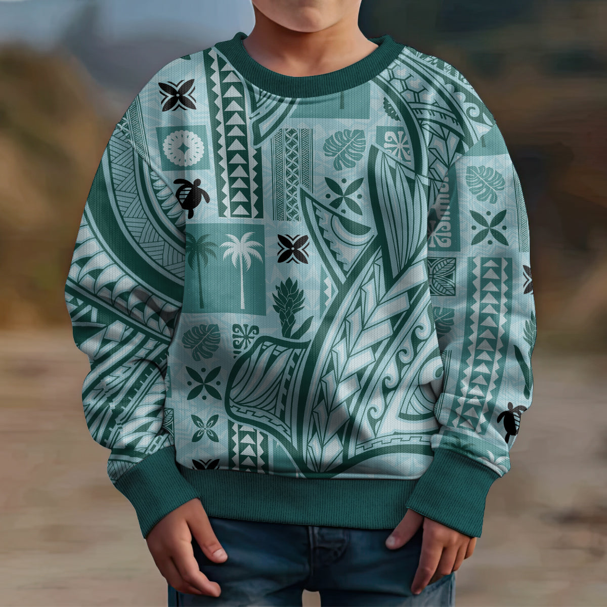 Samoa Tapa Kid Ugly Christmas Sweater Siapo Mix Tatau Patterns - Teal - Wonder Print Shop