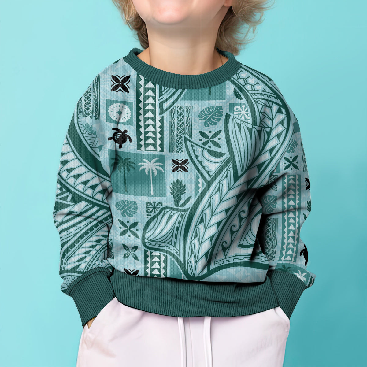 Samoa Tapa Kid Ugly Christmas Sweater Siapo Mix Tatau Patterns - Teal - Wonder Print Shop
