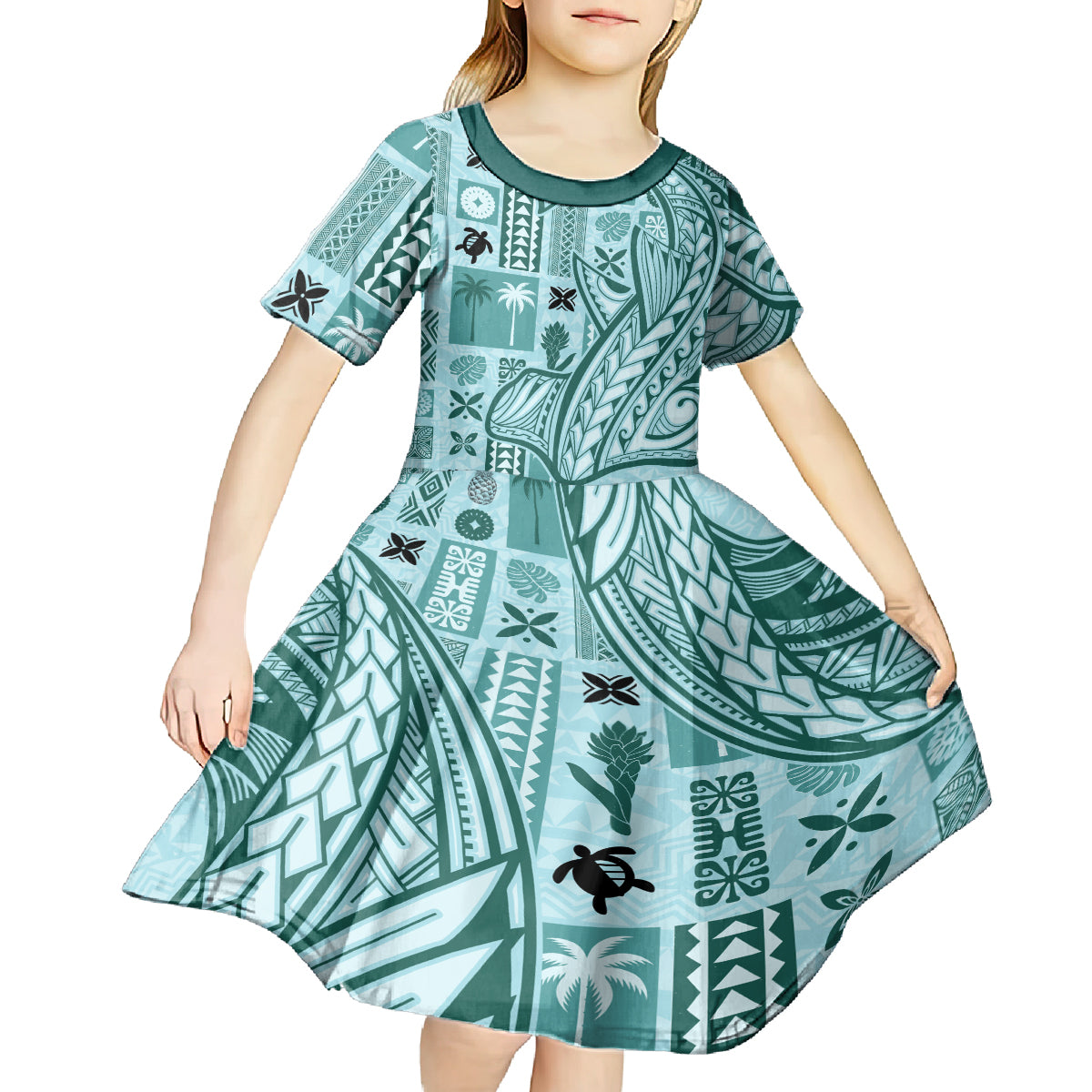 Samoa Tapa Kid Short Sleeve Dress Siapo Mix Tatau Patterns - Teal - Wonder Print Shop