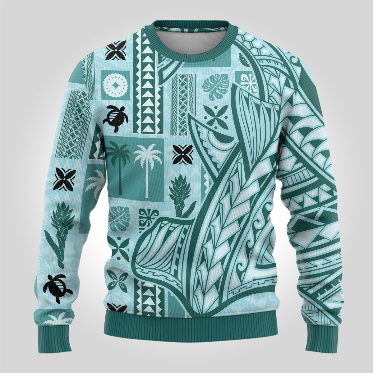 Samoa Tapa Ugly Christmas Sweater Siapo Mix Tatau Patterns - Teal - Wonder Print Shop