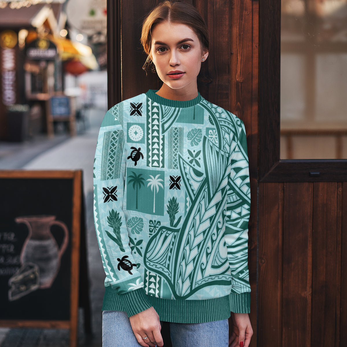 Samoa Tapa Ugly Christmas Sweater Siapo Mix Tatau Patterns - Teal - Wonder Print Shop