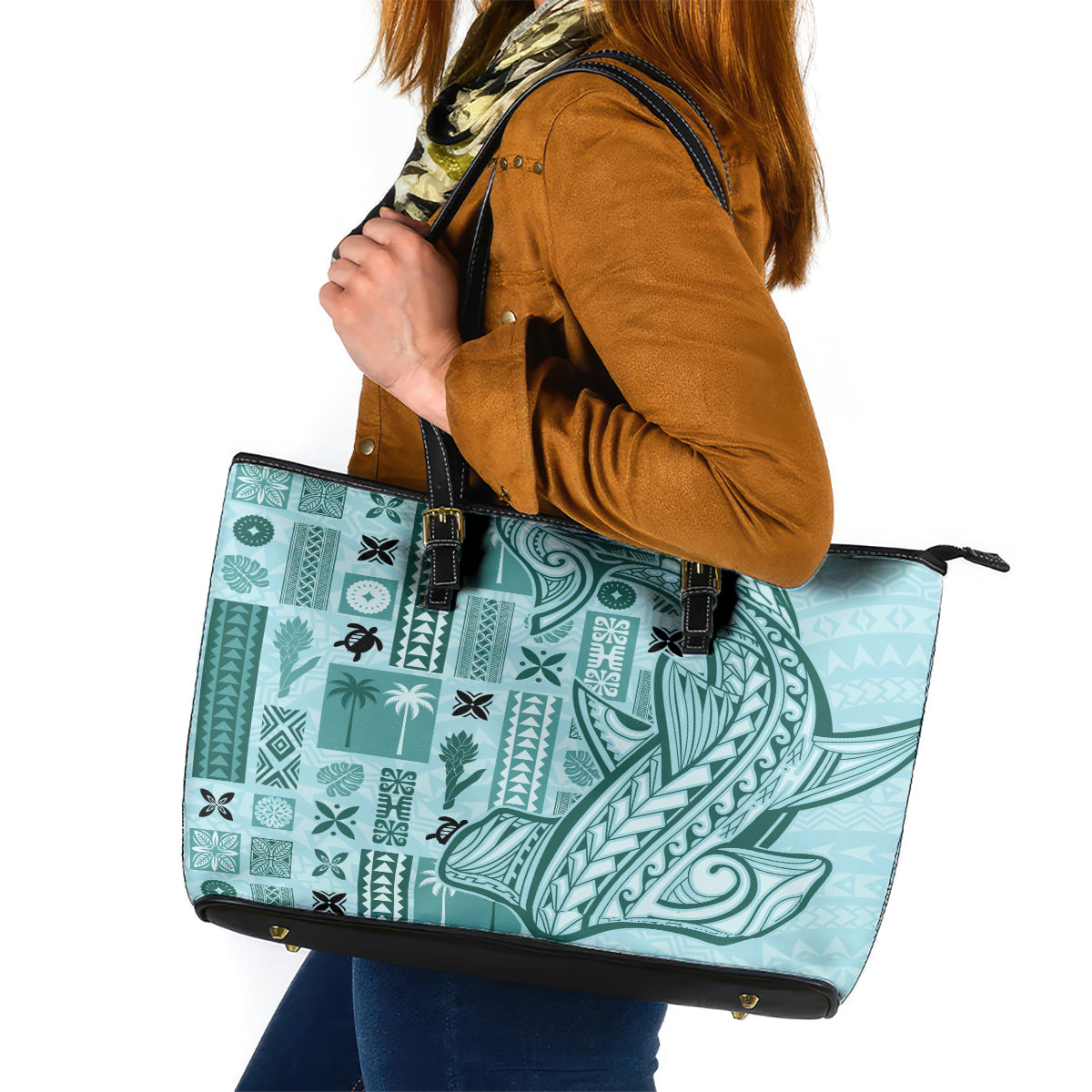 Samoa Tapa Leather Tote Bag Siapo Mix Tatau Patterns - Teal - Wonder Print Shop