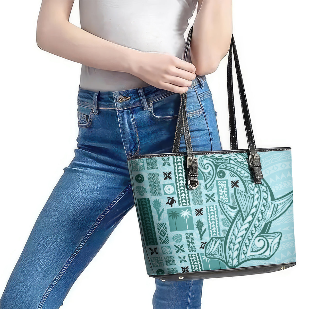 Samoa Tapa Leather Tote Bag Siapo Mix Tatau Patterns - Teal - Wonder Print Shop